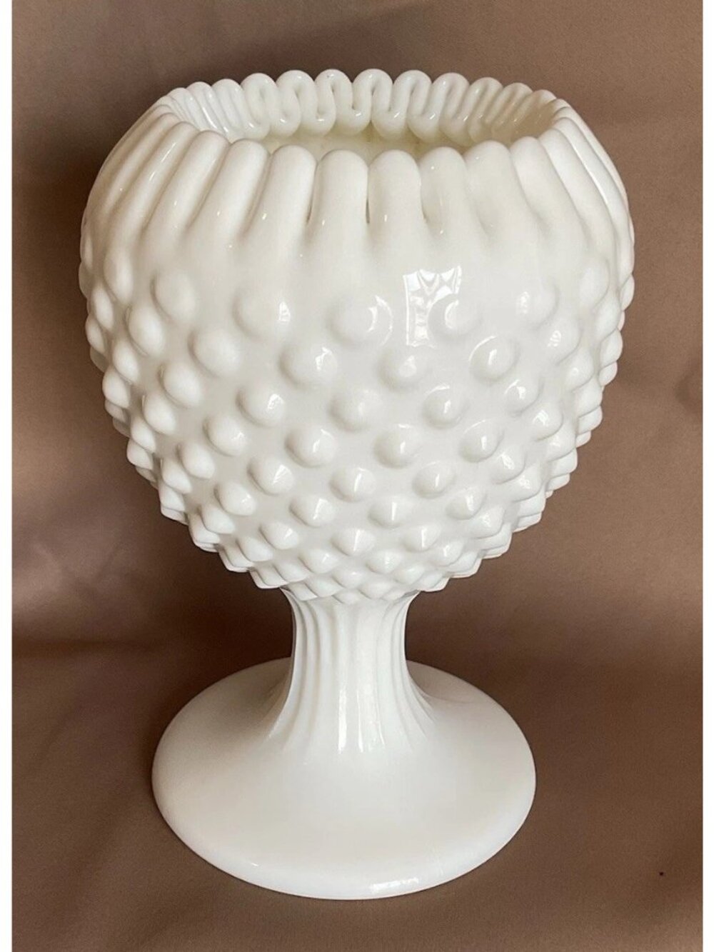 Milk Glass Hobnail Pedestal Vase Votive Crimped edge